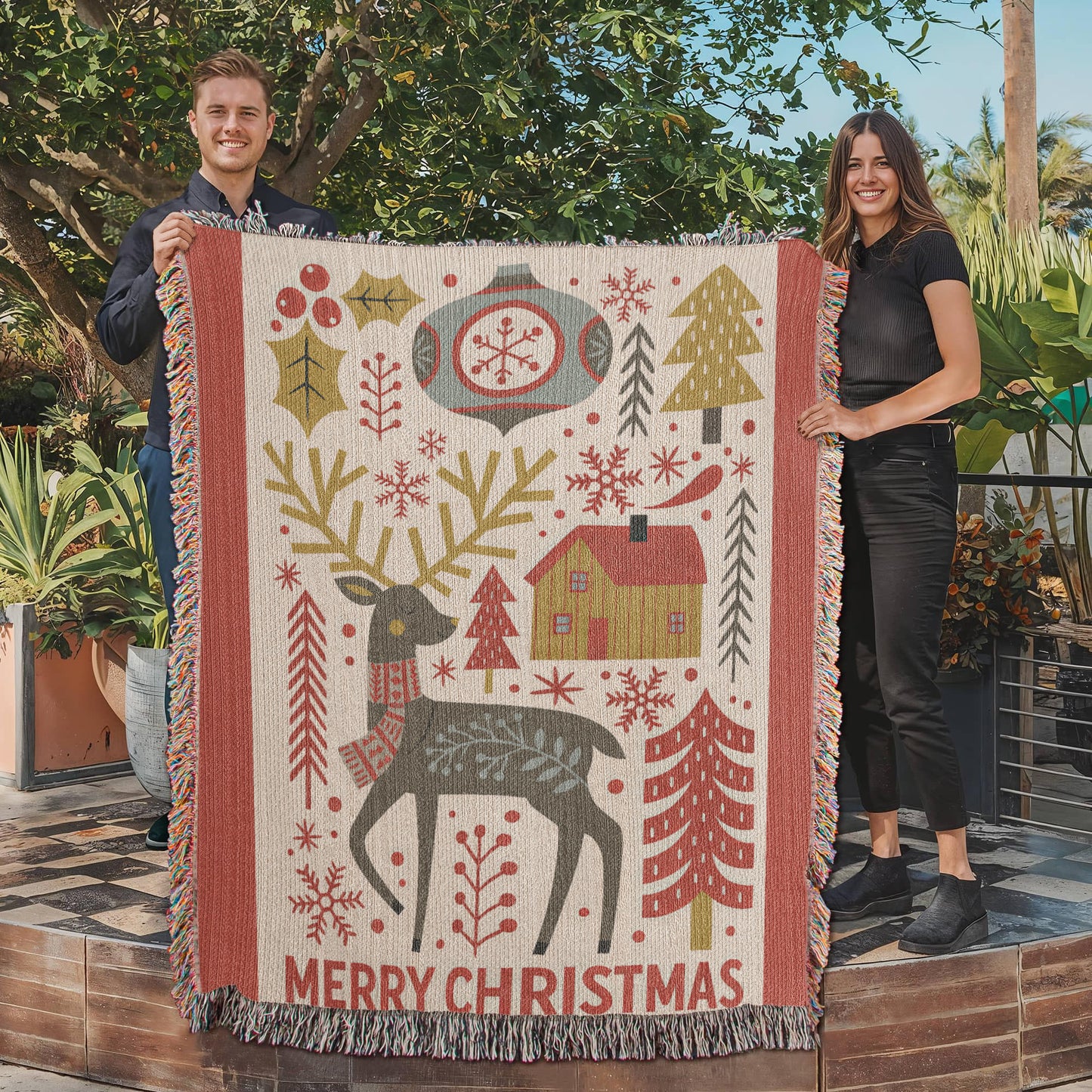 “Merry Christmas” Nordic Reindeer Woven Blanket — Heirloom Holiday Throw