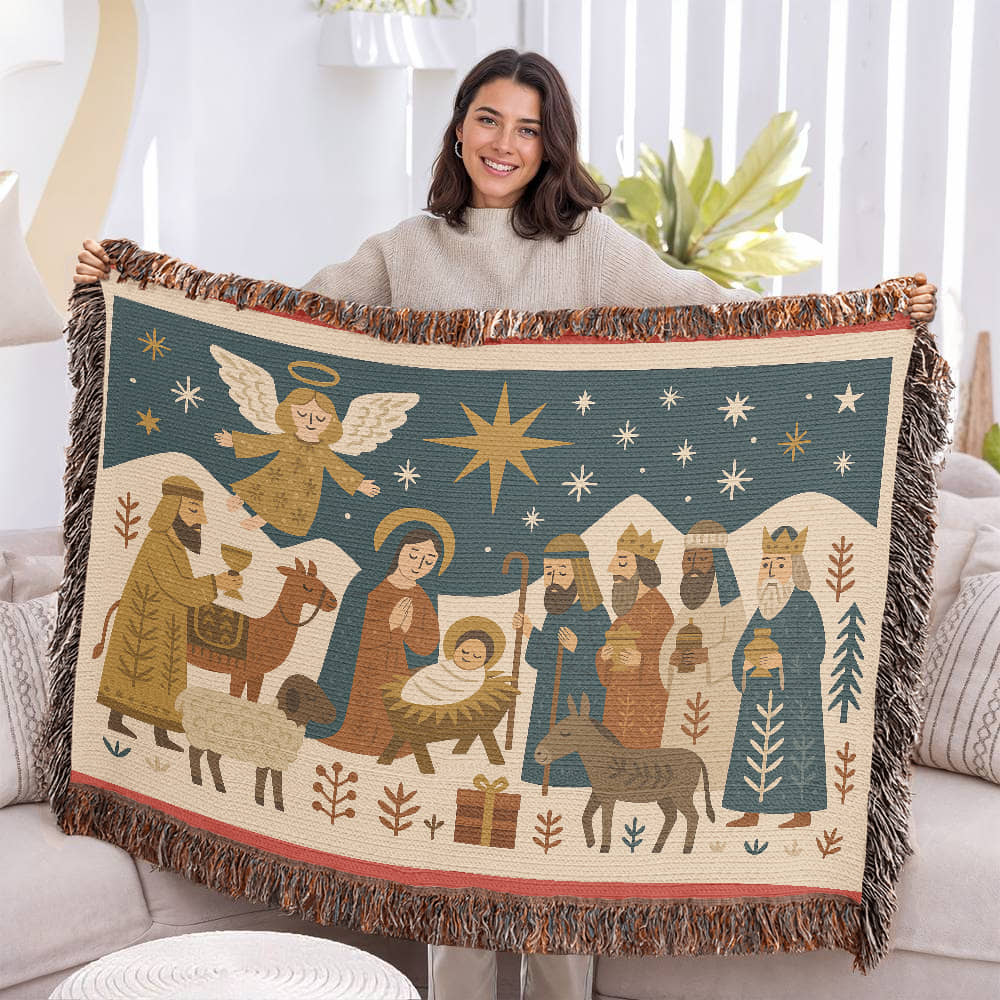 “Nativity Scene” Woven Blanket — Heirloom Christmas Throw with Holy Family & Three Wise Men