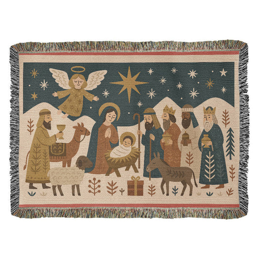 “Nativity Scene” Woven Blanket — Heirloom Christmas Throw with Holy Family & Three Wise Men