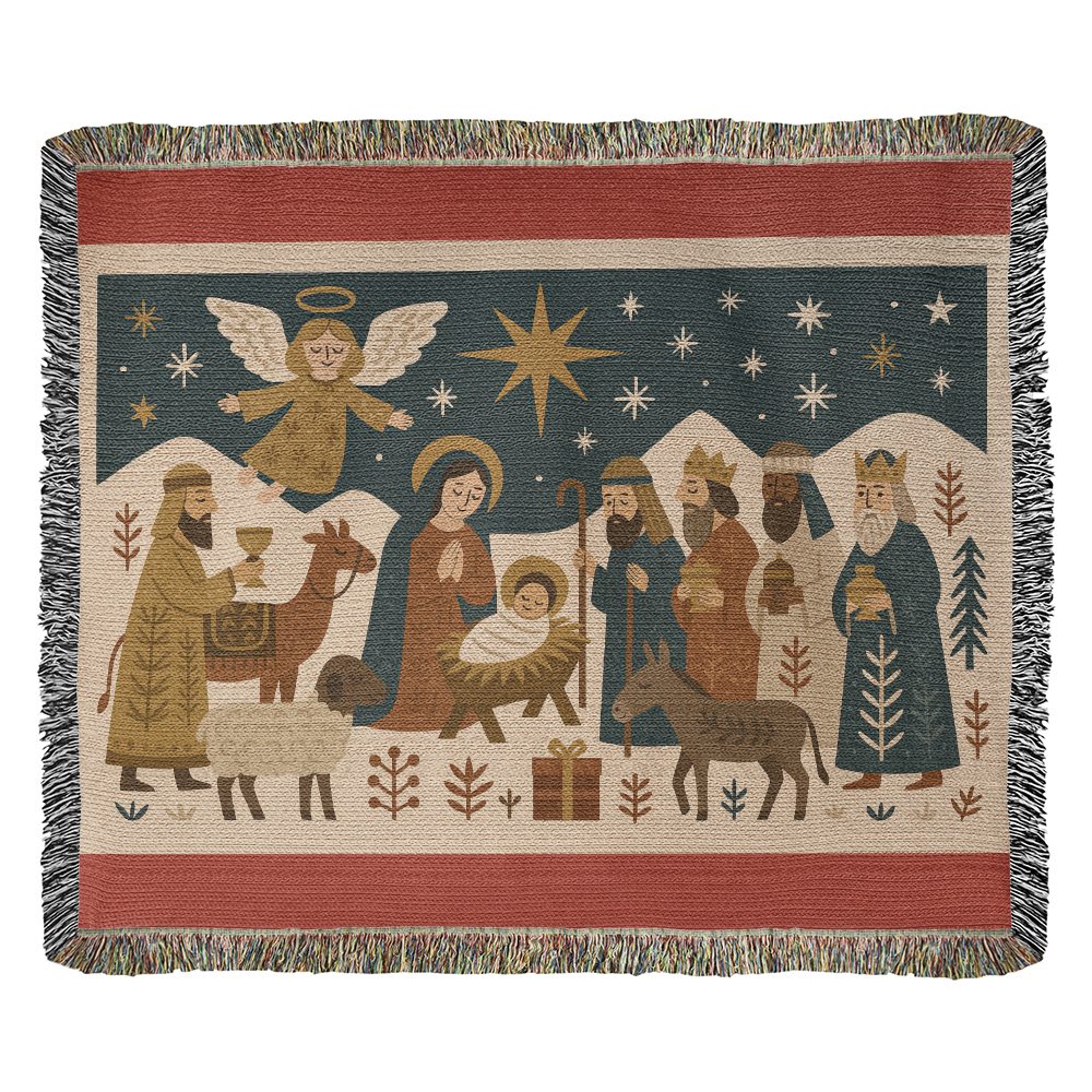 “Nativity Scene” Woven Blanket — Heirloom Christmas Throw with Holy Family & Three Wise Men