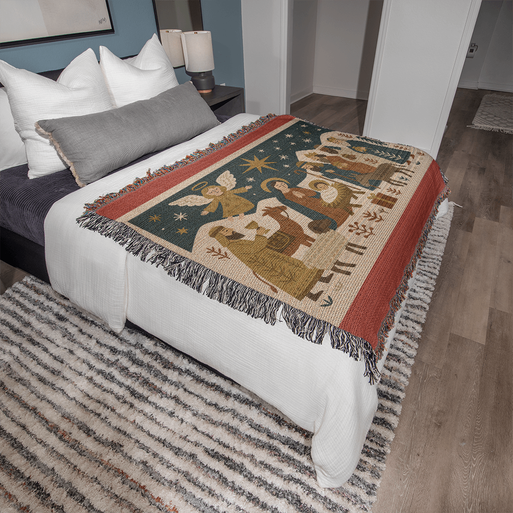 “Nativity Scene” Woven Blanket — Heirloom Christmas Throw with Holy Family & Three Wise Men