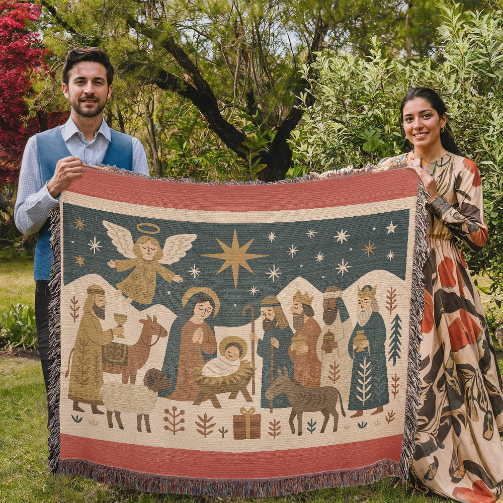 “Nativity Scene” Woven Blanket — Heirloom Christmas Throw with Holy Family & Three Wise Men