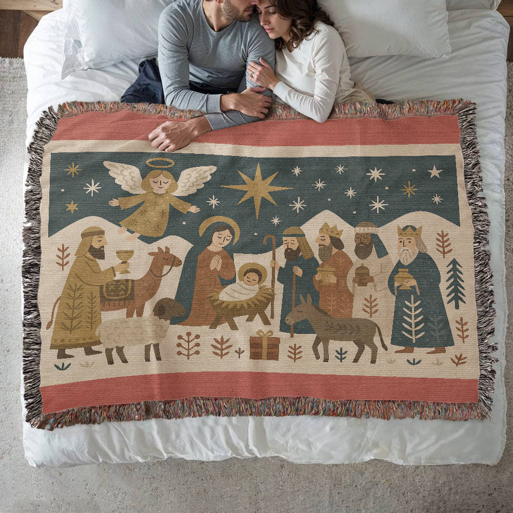 “Nativity Scene” Woven Blanket — Heirloom Christmas Throw with Holy Family & Three Wise Men