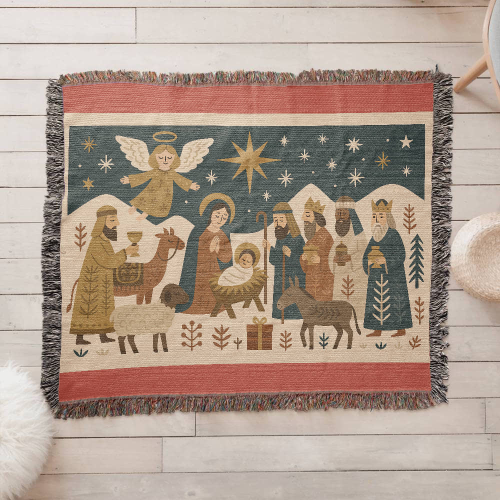 “Nativity Scene” Woven Blanket — Heirloom Christmas Throw with Holy Family & Three Wise Men