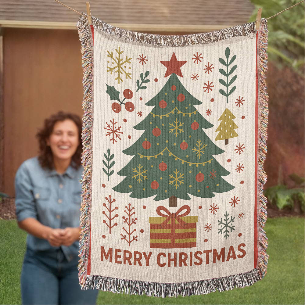 “Merry Christmas Tree” Woven Blanket — Classic Holiday Heirloom Throw