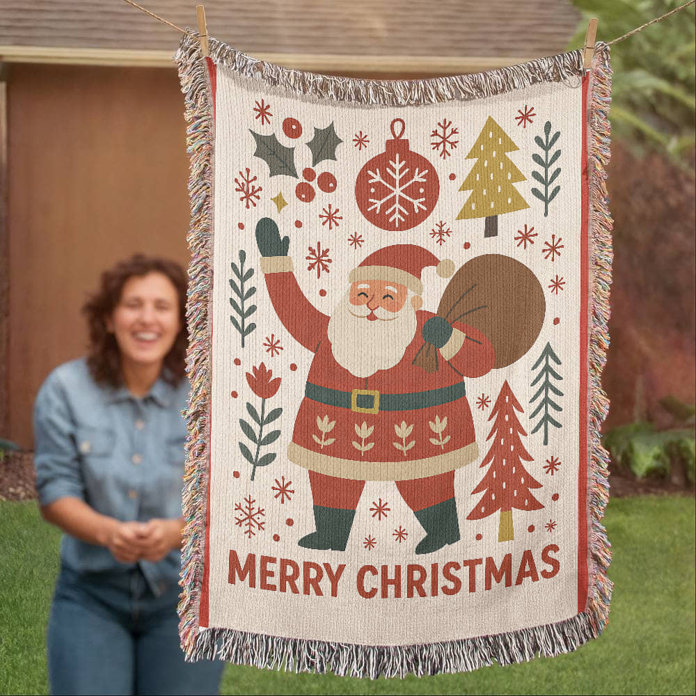 “Merry Christmas Santa” Woven Blanket — Vintage Holiday Heirloom Throw