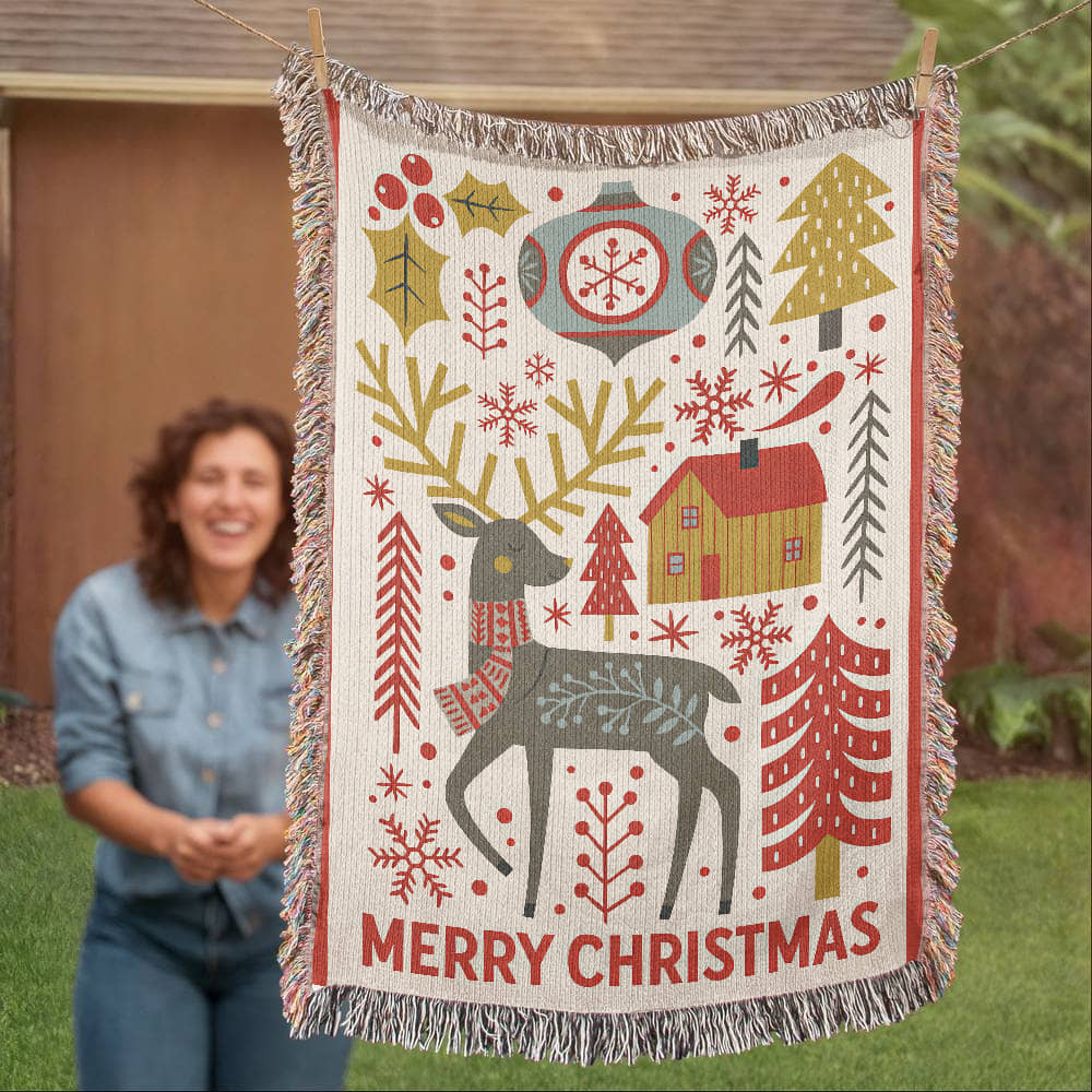 “Merry Christmas” Nordic Reindeer Woven Blanket — Heirloom Holiday Throw