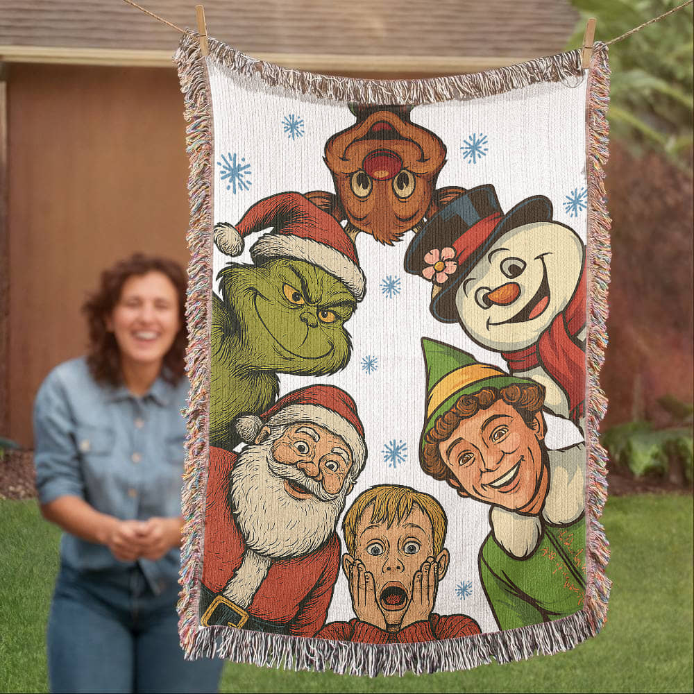 “Christmas Classics Crew” Woven Blanket — Festive Heirloom Throw with Iconic Holiday Characters
