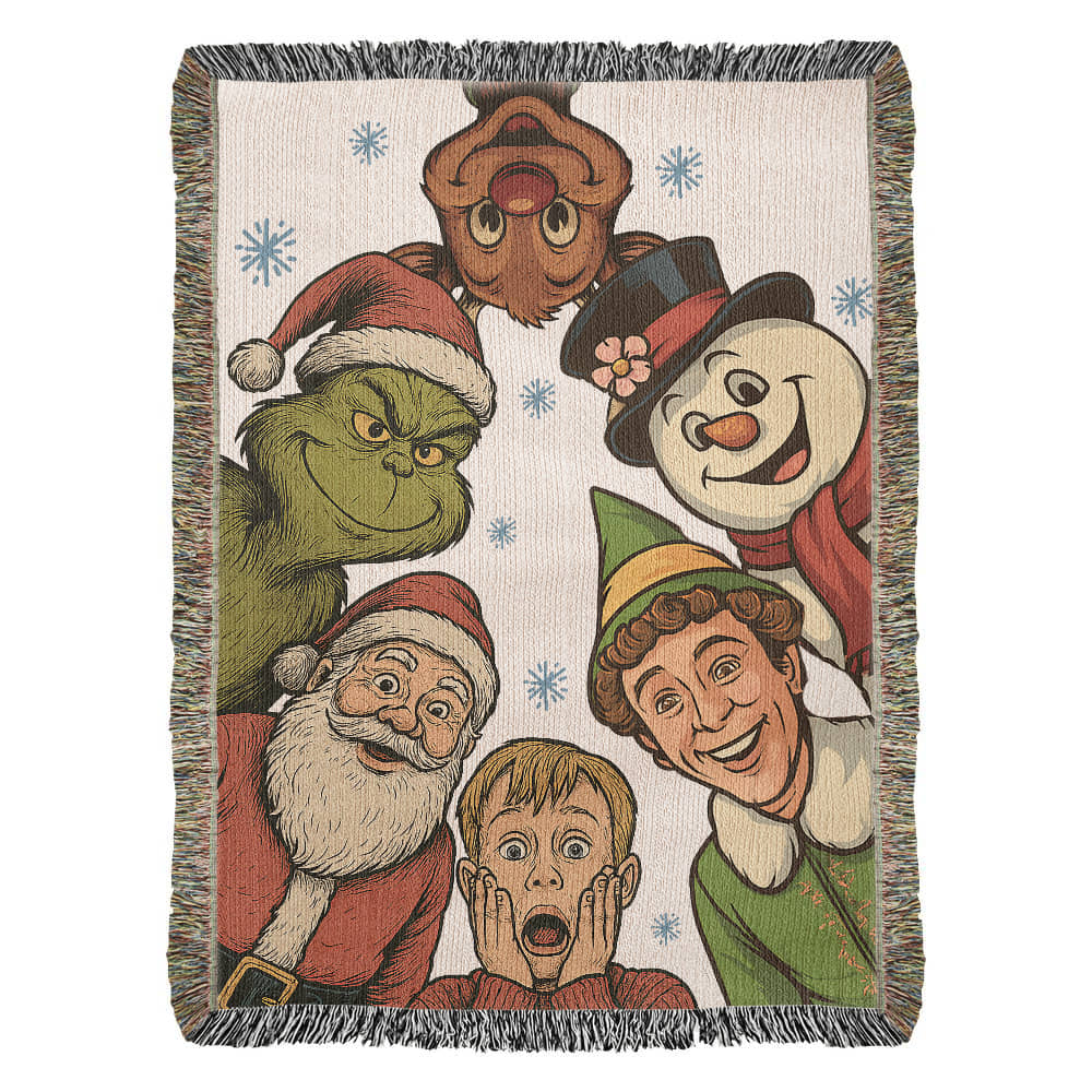 “Christmas Classics Crew” Woven Blanket — Festive Heirloom Throw with Iconic Holiday Characters