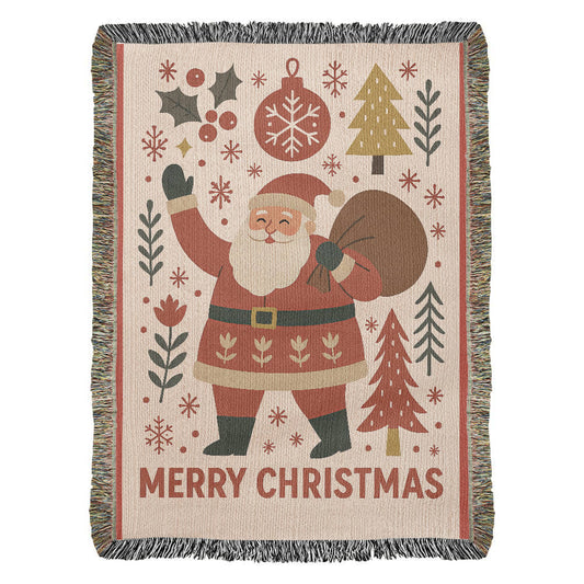 “Merry Christmas Santa” Woven Blanket — Vintage Holiday Heirloom Throw