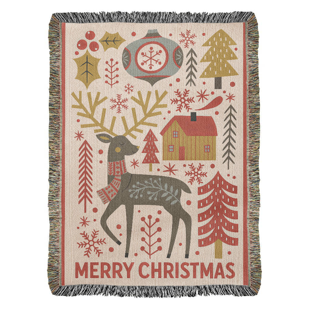 “Merry Christmas” Nordic Reindeer Woven Blanket — Heirloom Holiday Throw