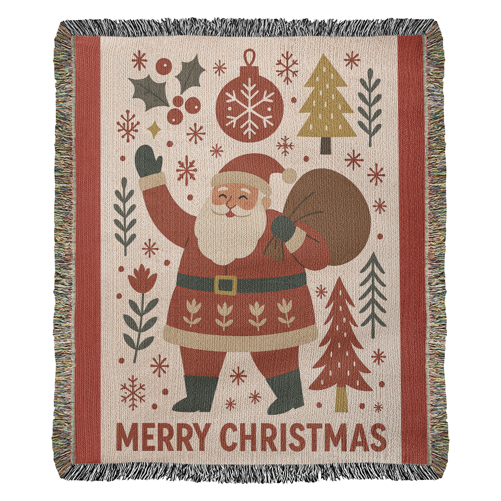 “Merry Christmas Santa” Woven Blanket — Vintage Holiday Heirloom Throw
