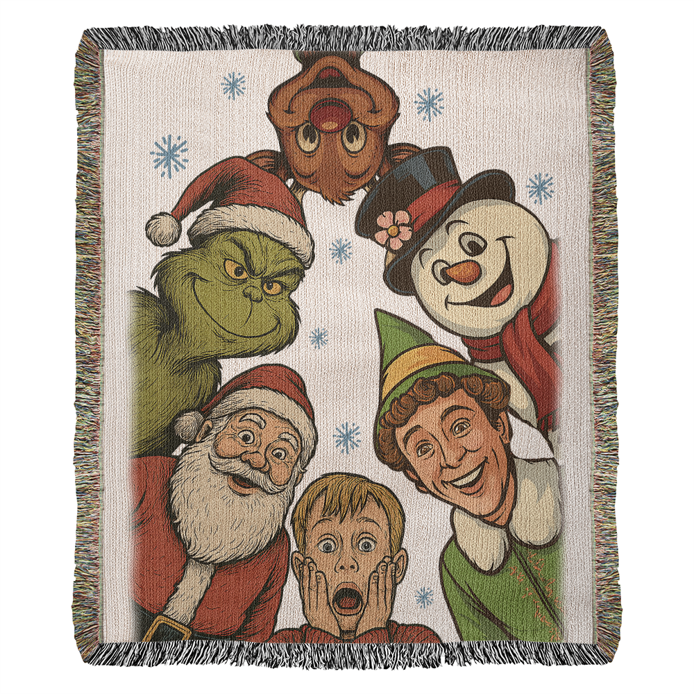 “Christmas Classics Crew” Woven Blanket — Festive Heirloom Throw with Iconic Holiday Characters