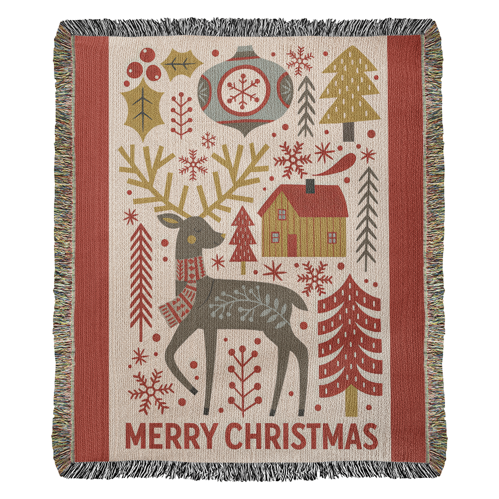 “Merry Christmas” Nordic Reindeer Woven Blanket — Heirloom Holiday Throw