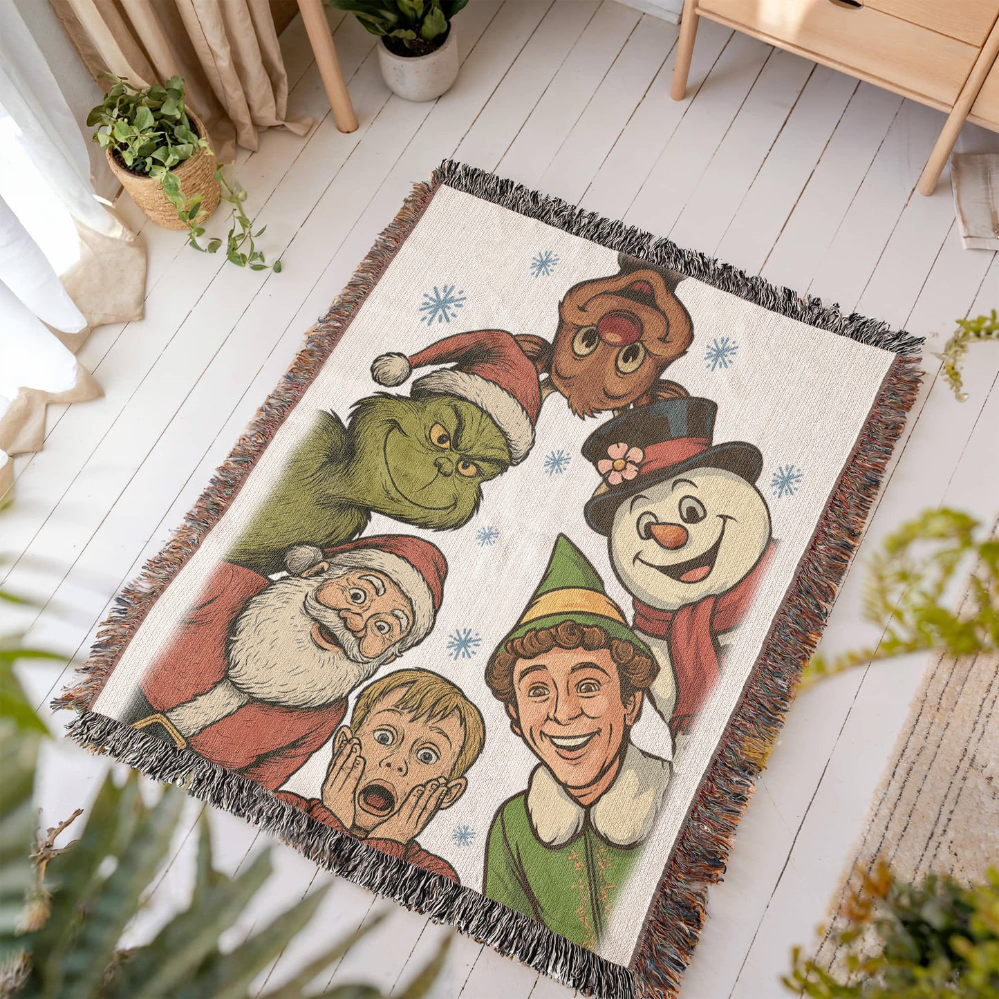 “Christmas Classics Crew” Woven Blanket — Festive Heirloom Throw with Iconic Holiday Characters