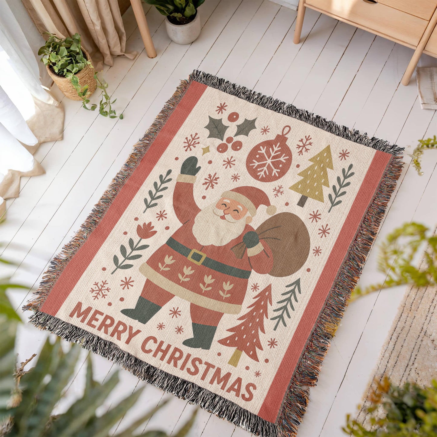 “Merry Christmas Santa” Woven Blanket — Vintage Holiday Heirloom Throw