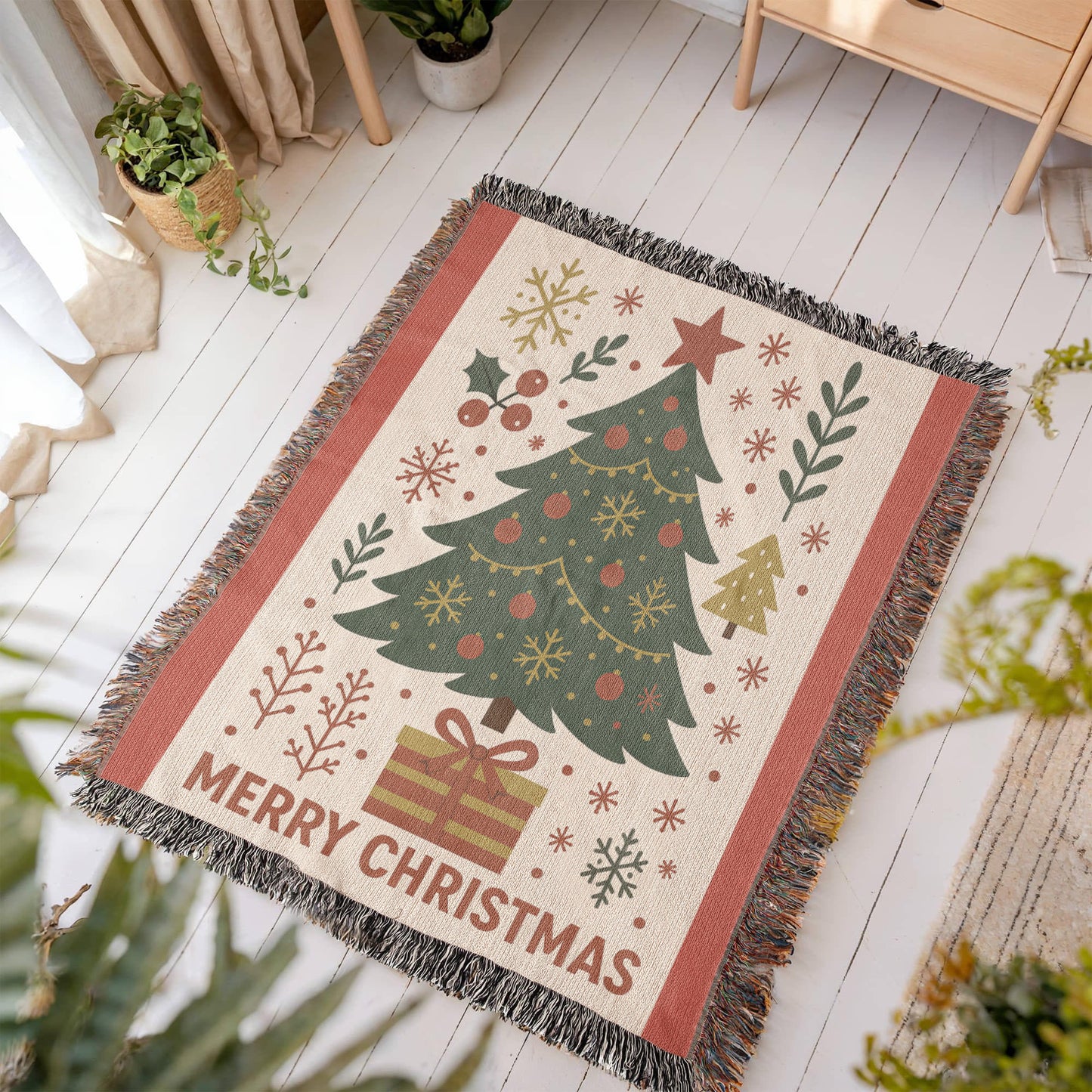 “Merry Christmas Tree” Woven Blanket — Classic Holiday Heirloom Throw
