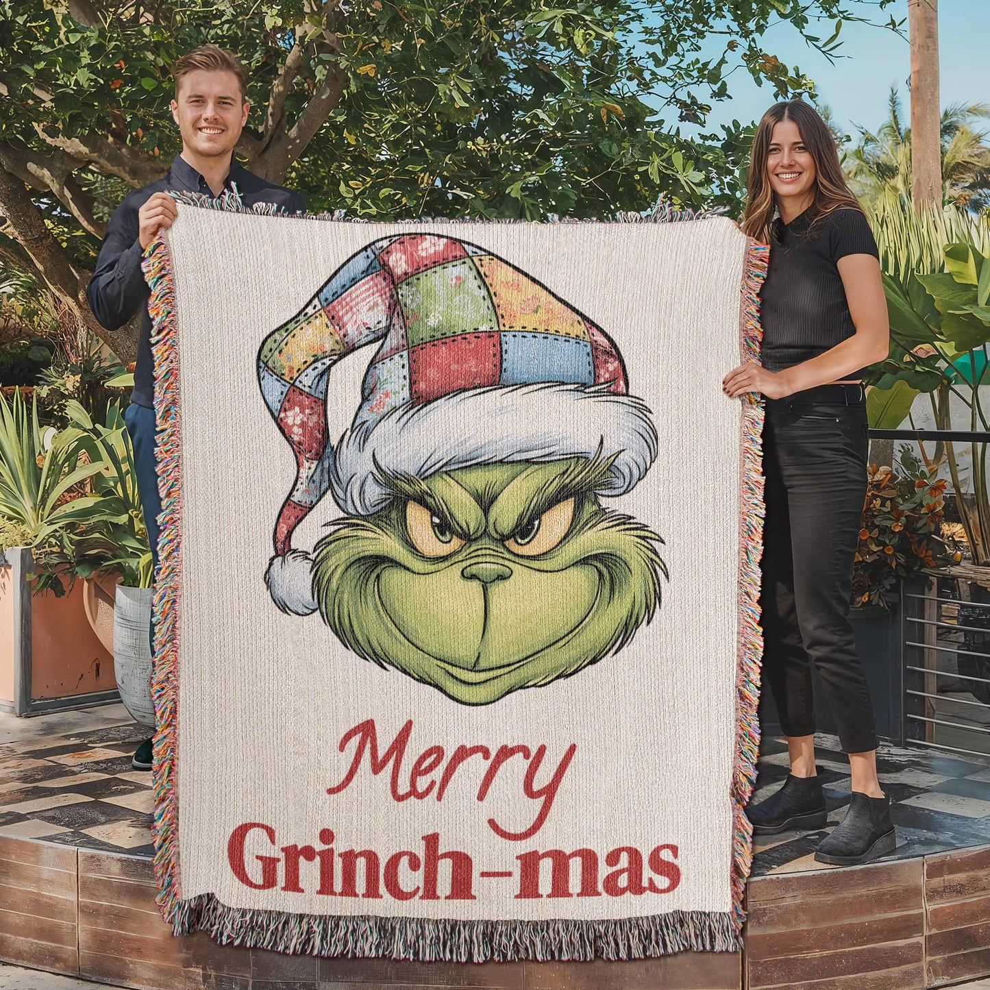 "Merry Grinch-mas" — Cozy Woven Christmas Blanket | Whimsical Grinch Heirloom Throw