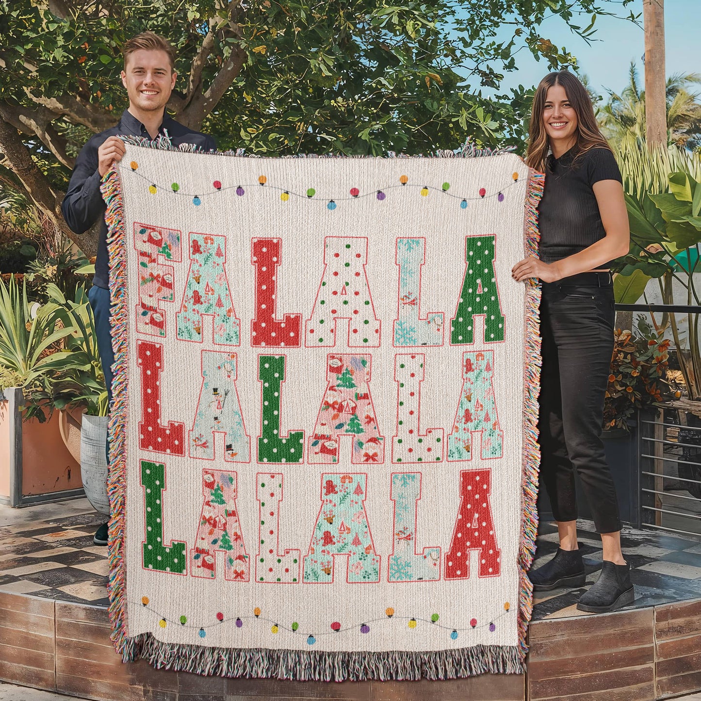 “Fa La La La La” Woven Christmas Blanket — Festive Holiday Heirloom Throw