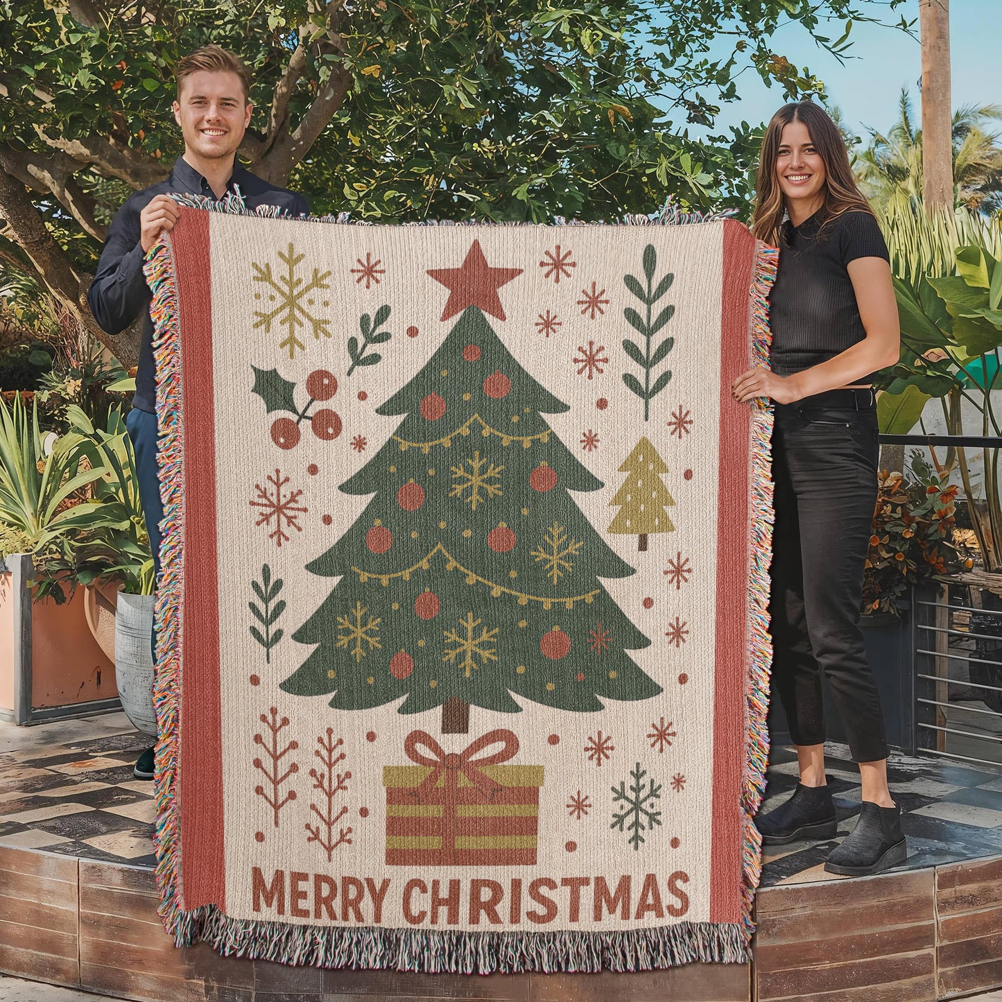 “Merry Christmas Tree” Woven Blanket — Classic Holiday Heirloom Throw