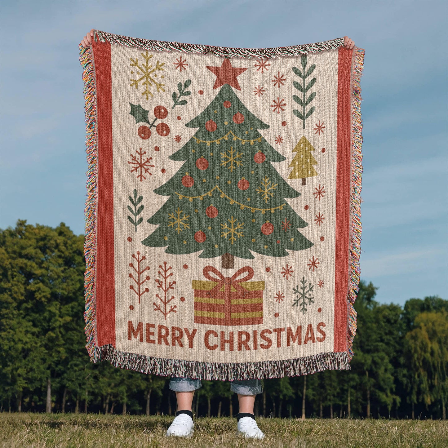 “Merry Christmas Tree” Woven Blanket — Classic Holiday Heirloom Throw