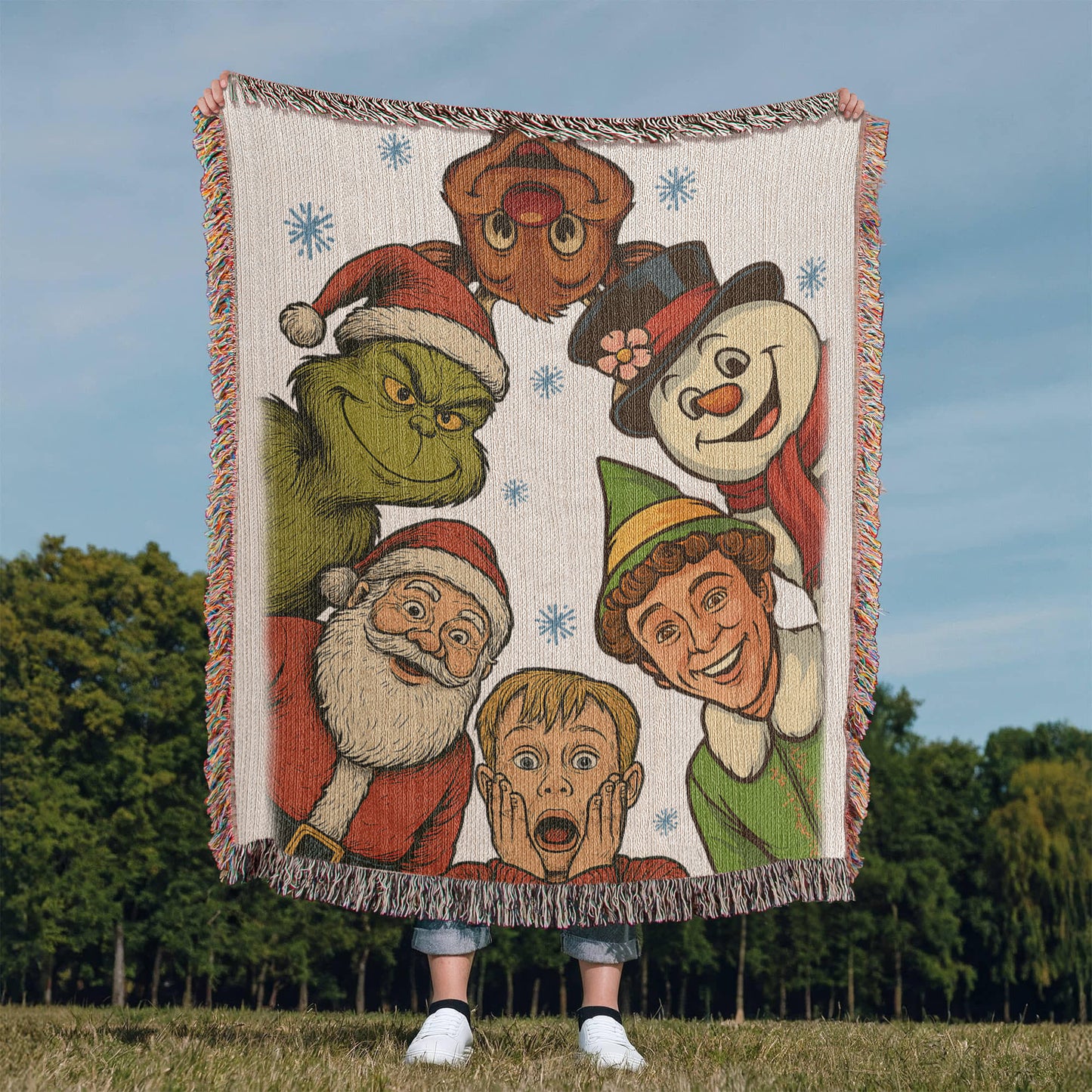 “Christmas Classics Crew” Woven Blanket — Festive Heirloom Throw with Iconic Holiday Characters