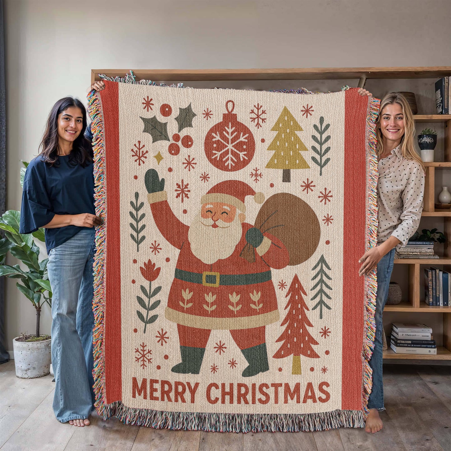 “Merry Christmas Santa” Woven Blanket — Vintage Holiday Heirloom Throw