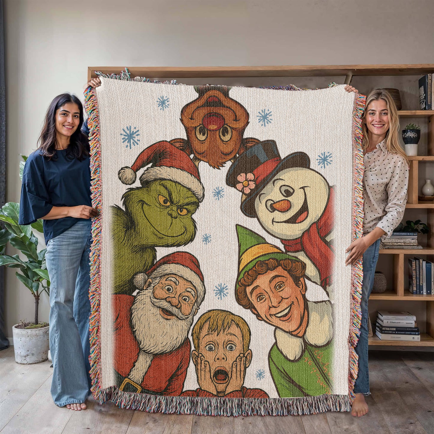 “Christmas Classics Crew” Woven Blanket — Festive Heirloom Throw with Iconic Holiday Characters