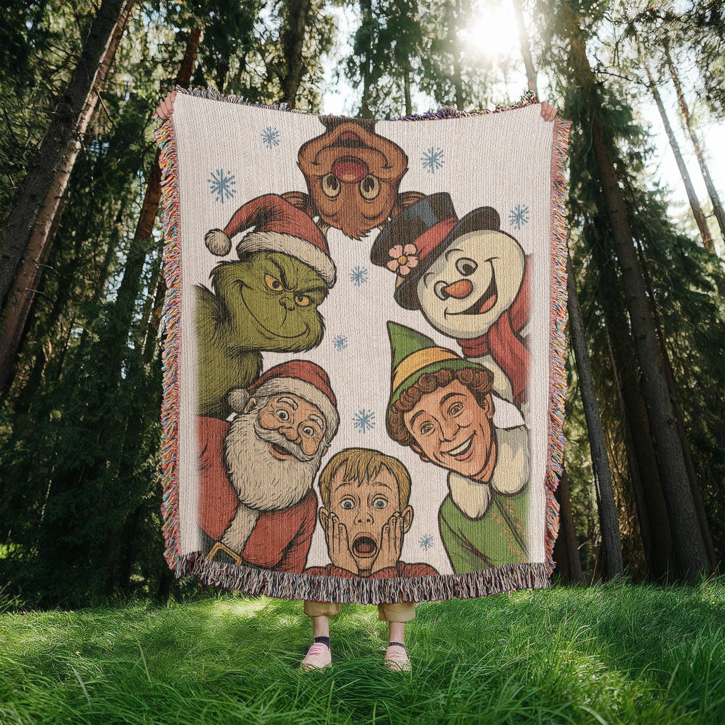 “Christmas Classics Crew” Woven Blanket — Festive Heirloom Throw with Iconic Holiday Characters