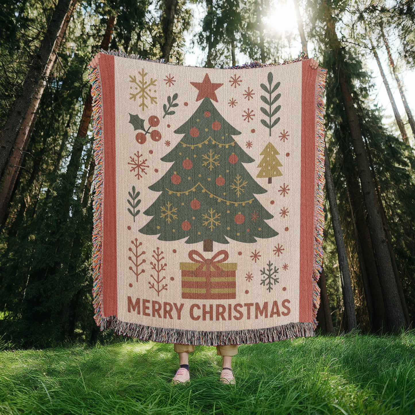 “Merry Christmas Tree” Woven Blanket — Classic Holiday Heirloom Throw