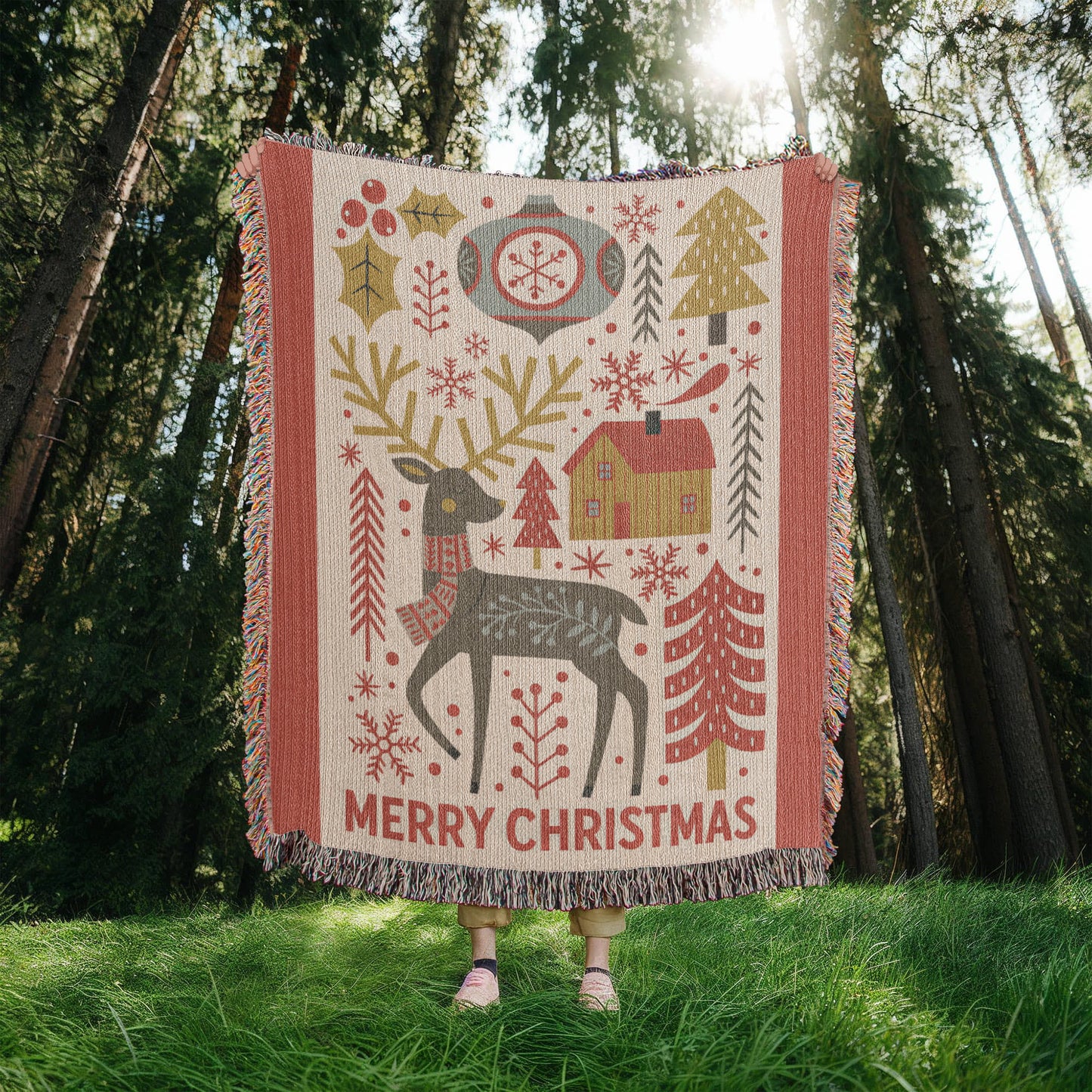 “Merry Christmas” Nordic Reindeer Woven Blanket — Heirloom Holiday Throw