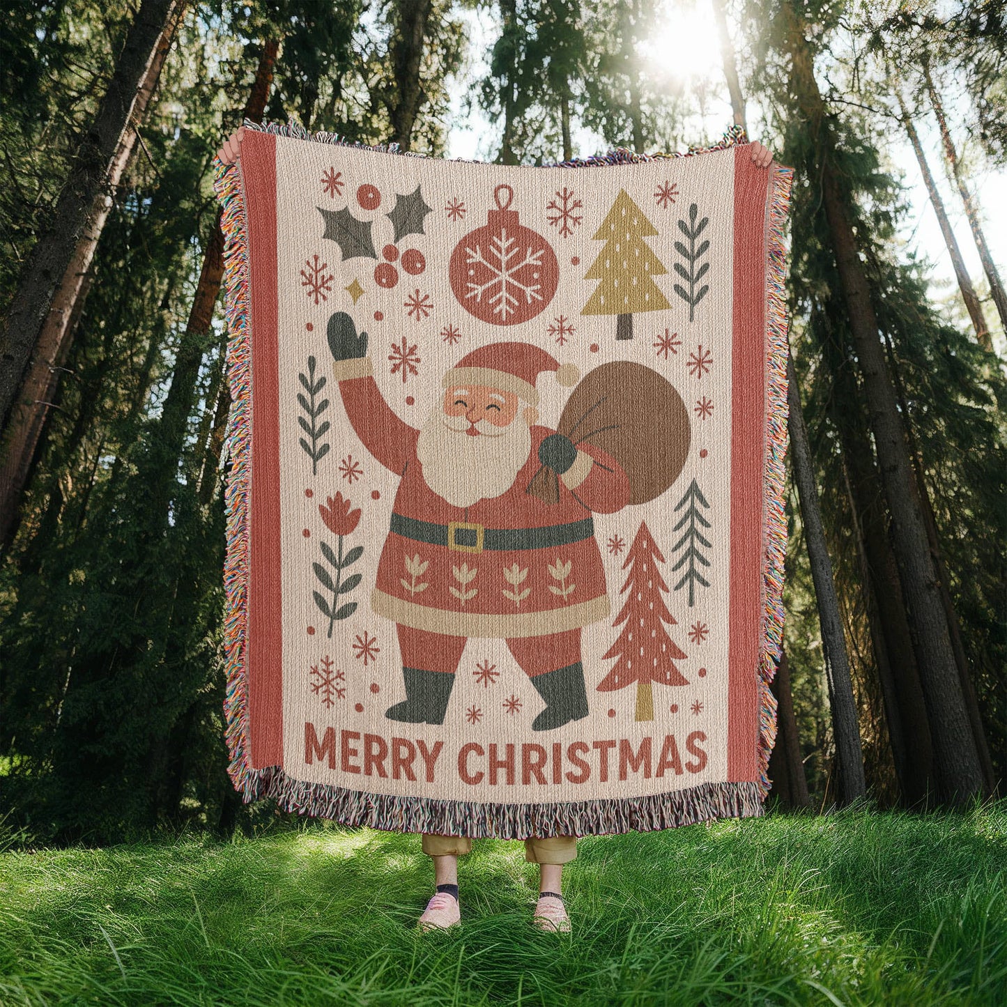 “Merry Christmas Santa” Woven Blanket — Vintage Holiday Heirloom Throw