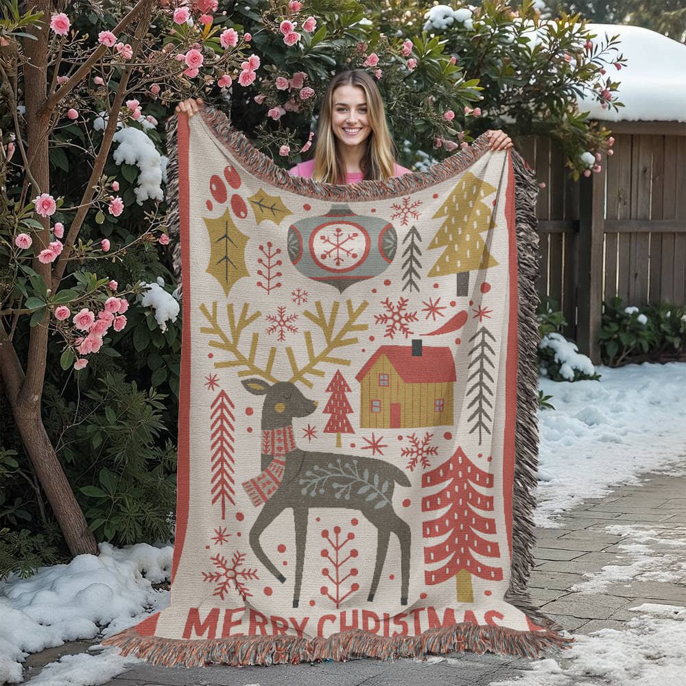 “Merry Christmas” Nordic Reindeer Woven Blanket — Heirloom Holiday Throw