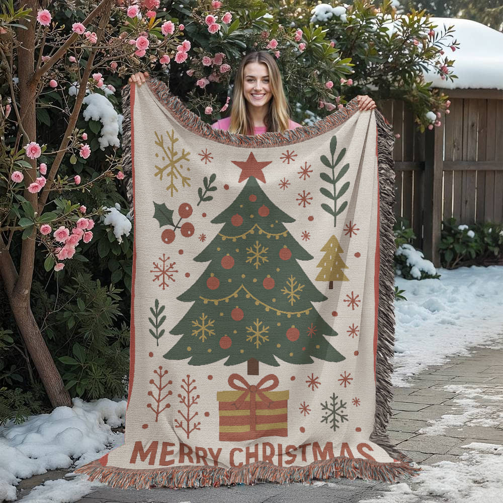 “Merry Christmas Tree” Woven Blanket — Classic Holiday Heirloom Throw