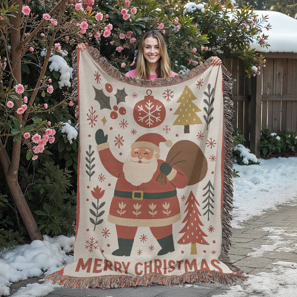 “Merry Christmas Santa” Woven Blanket — Vintage Holiday Heirloom Throw