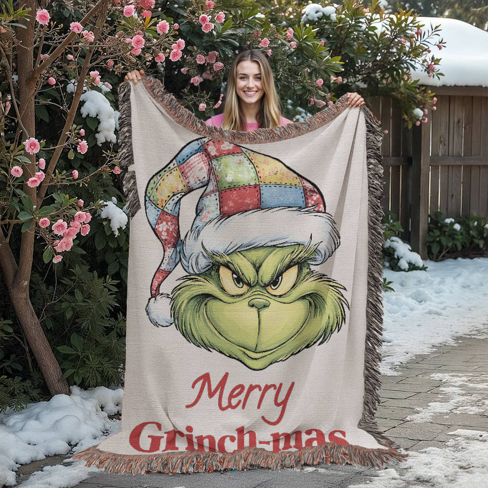 "Merry Grinch-mas" — Cozy Woven Christmas Blanket | Whimsical Grinch Heirloom Throw