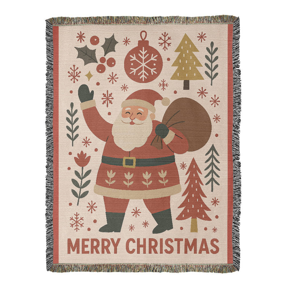 “Merry Christmas Santa” Woven Blanket — Vintage Holiday Heirloom Throw