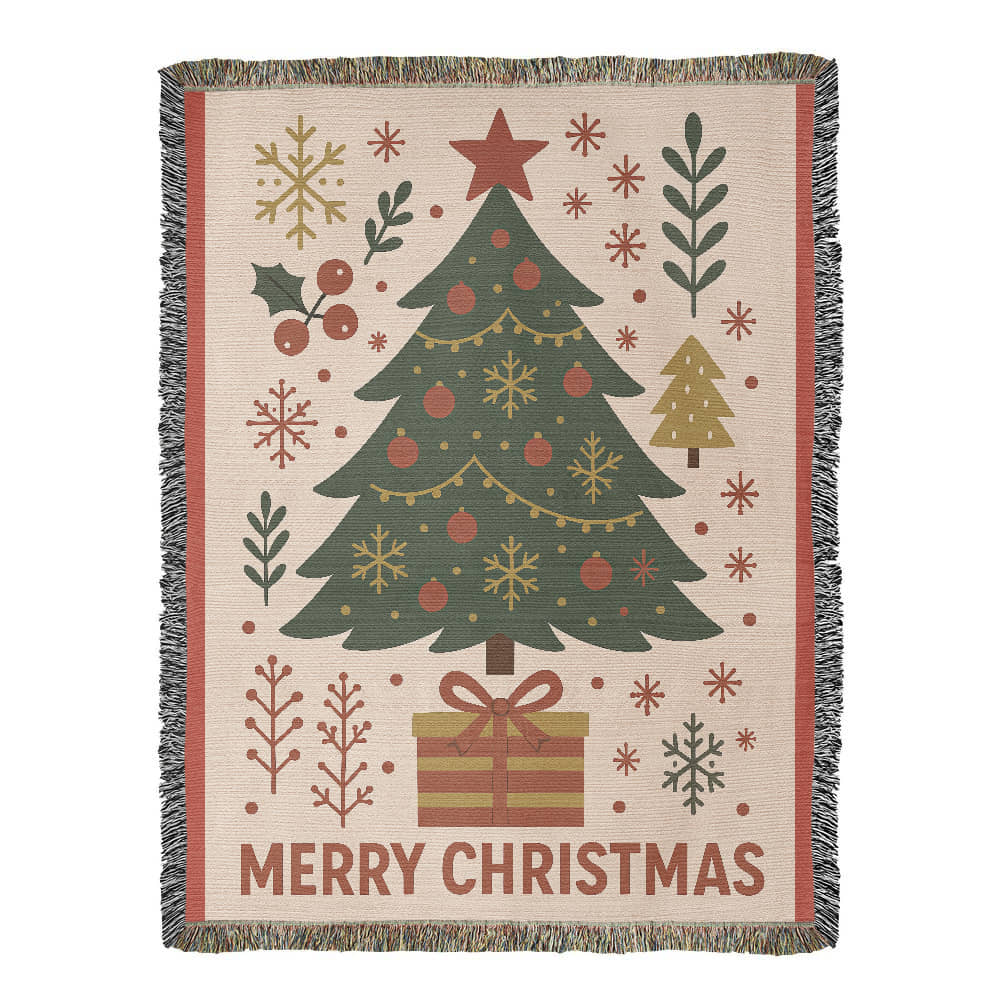 “Merry Christmas Tree” Woven Blanket — Classic Holiday Heirloom Throw