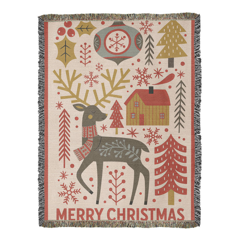 “Merry Christmas” Nordic Reindeer Woven Blanket — Heirloom Holiday Throw